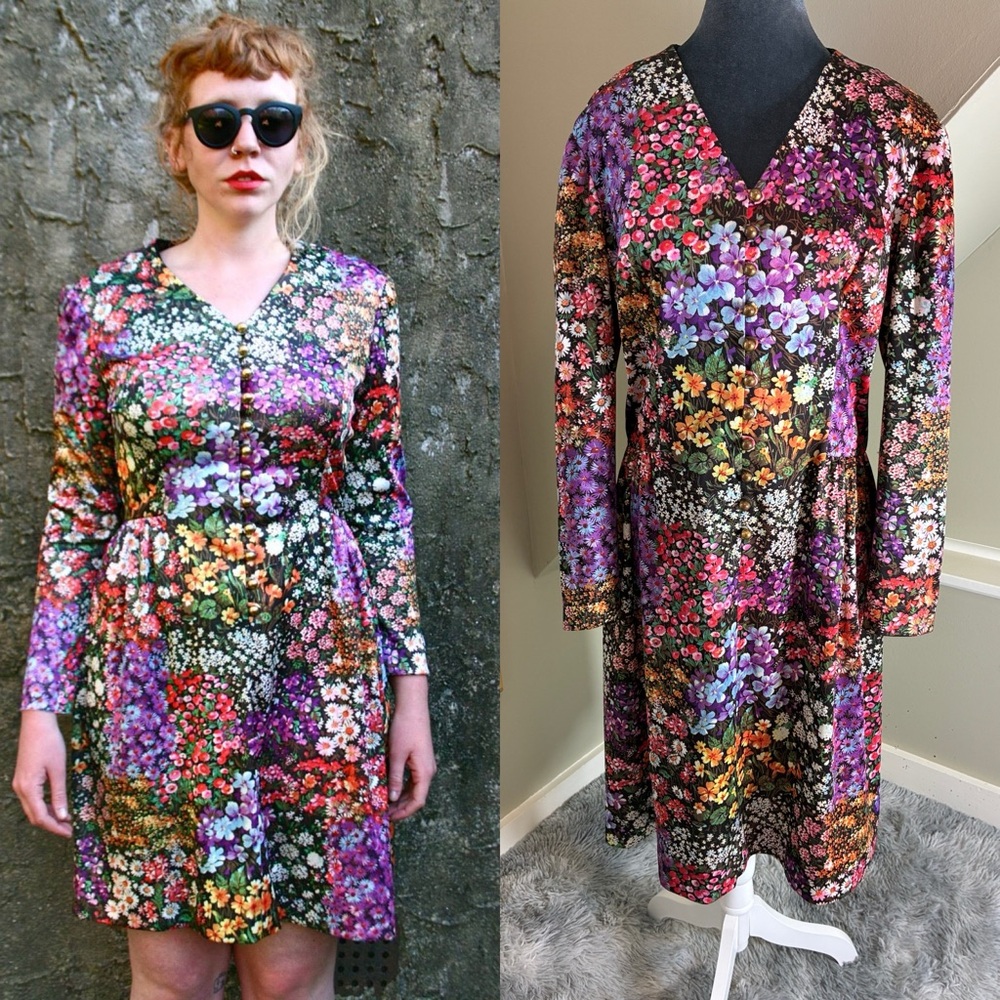 Vintage 60s Size XL Westbury Fashions Black Floral Long Sleeve Dress